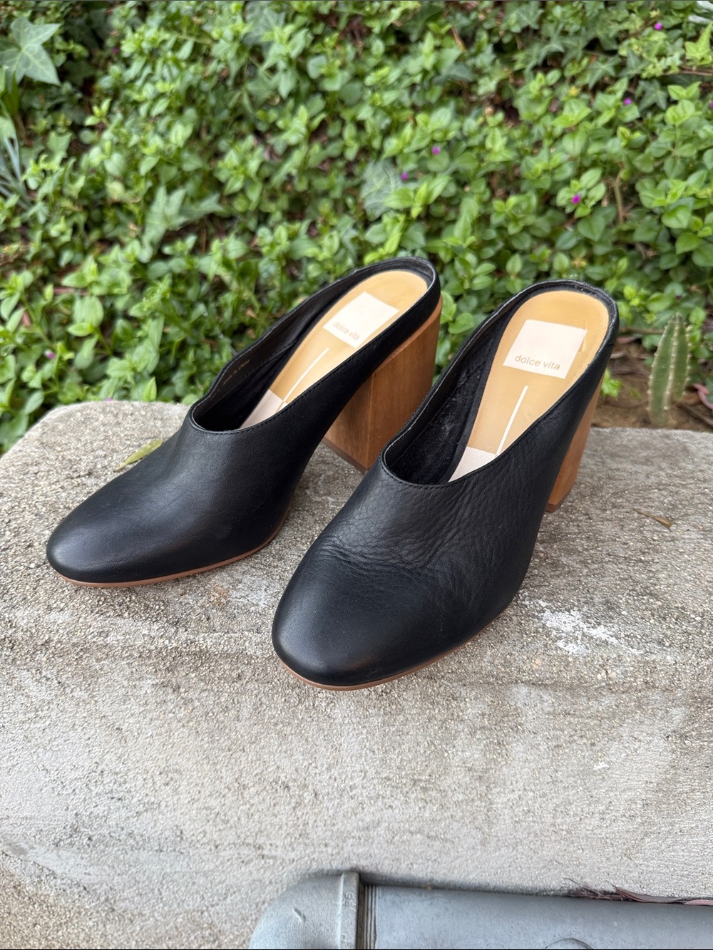 Dolce Vita Caley Black Leather Mules with Wood-Tone Block Heel